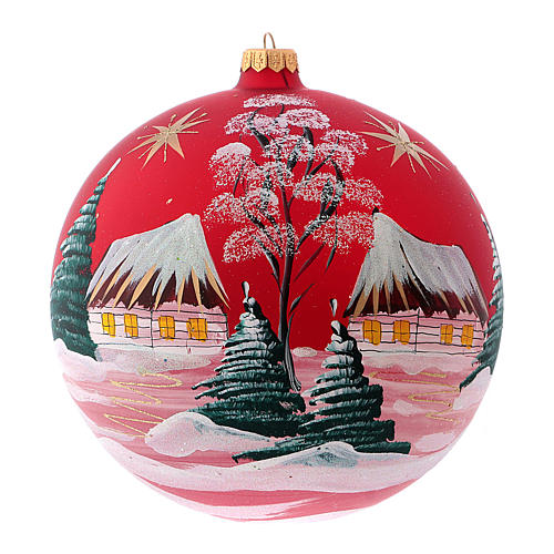 Weihnachtsbaumkugel aus mundgeblasenem Glas, Grundfarbe Rot, Motiv Winterdorf und Sterne, 200 mm 1