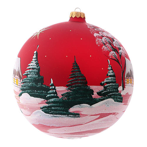 Weihnachtsbaumkugel aus mundgeblasenem Glas, Grundfarbe Rot, Motiv Winterdorf und Sterne, 200 mm 3