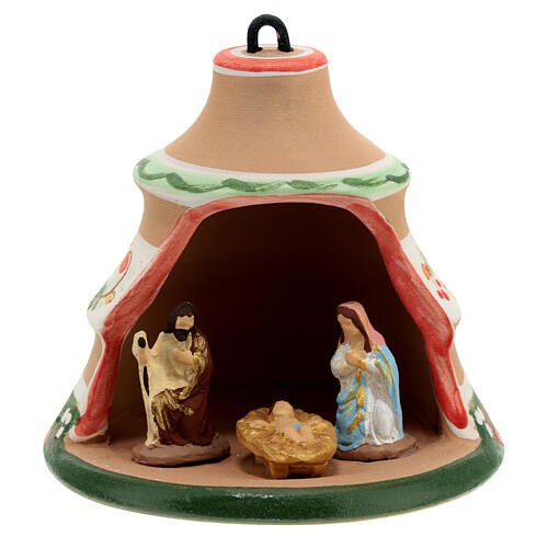 Weihnachtsbaumschmuck aus Deruta-Keramik, Country-Stile, mit Öffnung, im Inneren Heilige Familie, hellblaue Verzierungen, 100 mm 1