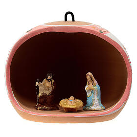 Boule céramique colorée Deruta style rustique ouverte avec Nativité 3 cm décorations rouges 100 mm