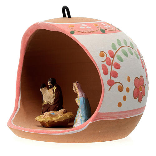 Ball with Holy Family and red design in terracotta 80 mm 2