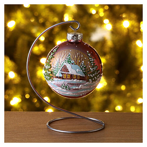 Red blown glass Christmas ball with winter landscape 8 cm 2
