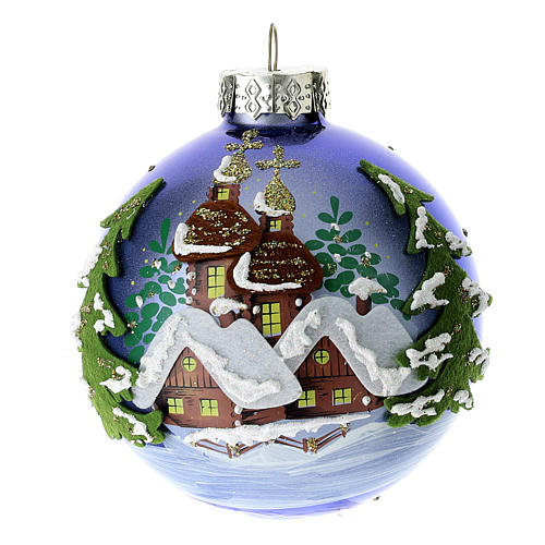 Weihnachtskugel, Grundton blau, Winterlandschaft und Tannenbäume, 80 mm 1