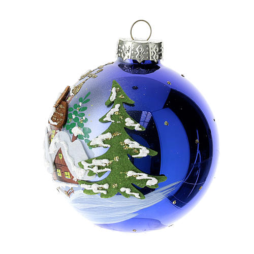 Weihnachtskugel, Grundton blau, Winterlandschaft und Tannenbäume, 80 mm 2