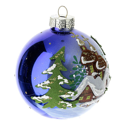 Weihnachtskugel, Grundton blau, Winterlandschaft und Tannenbäume, 80 mm 3