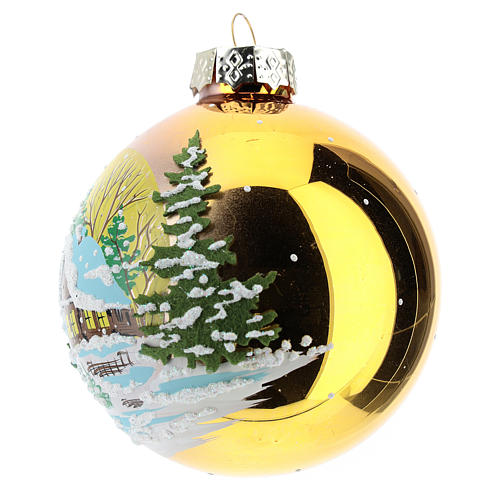 Gold blown glass ball with winter landscape 8 cm 2