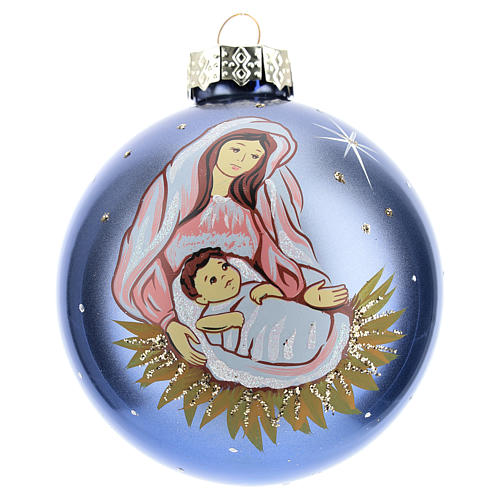 Weihnachtskugel, Grundton blau, Muttergottes mit dem Jesuskind, 80 mm 1