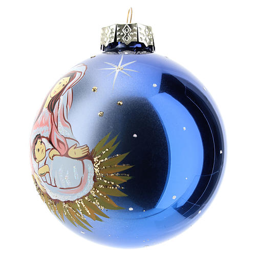 Weihnachtskugel, Grundton blau, Muttergottes mit dem Jesuskind, 80 mm 2
