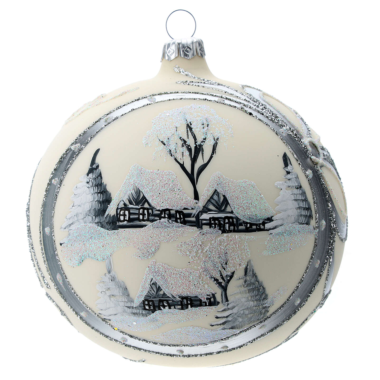 White Christmas tree ball 12 cm with snowy town online sales on