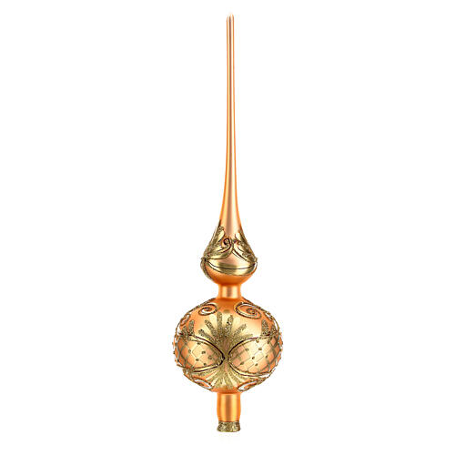 Gold coloured Christmas tree topper with golden decorations 1