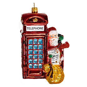 Santa with telephone booth blown glass Christmas ornament
