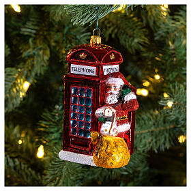 Santa with telephone booth blown glass Christmas ornament