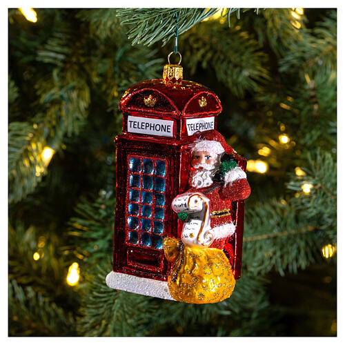 Santa with telephone booth blown glass Christmas ornament 2