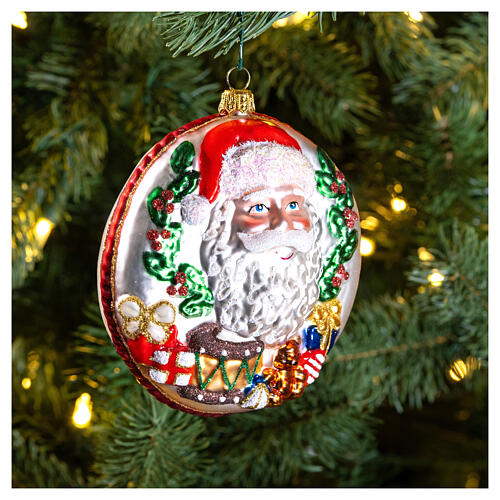 Père Noël disque décoration sapin verre soufflé détails en relief 2