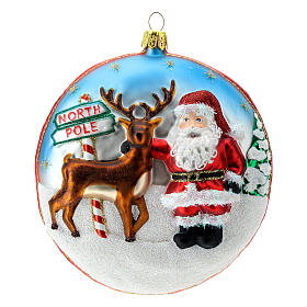 Flache Kugel Nordpol und Weihnachtsmann neben Kamin, Weihnachtsbaumschmuck aus mundgeblasenem Glas