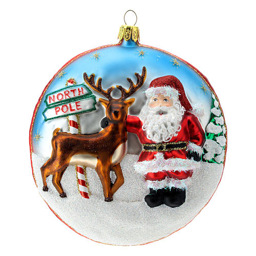 Flache Kugel Nordpol und Weihnachtsmann neben Kamin, Weihnachtsbaumschmuck aus mundgeblasenem Glas 1