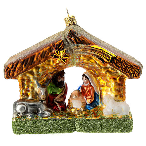 Heilige Familie in der Hütte, Weihnachtsbaumschmuck aus mundgeblasenem Glas 1
