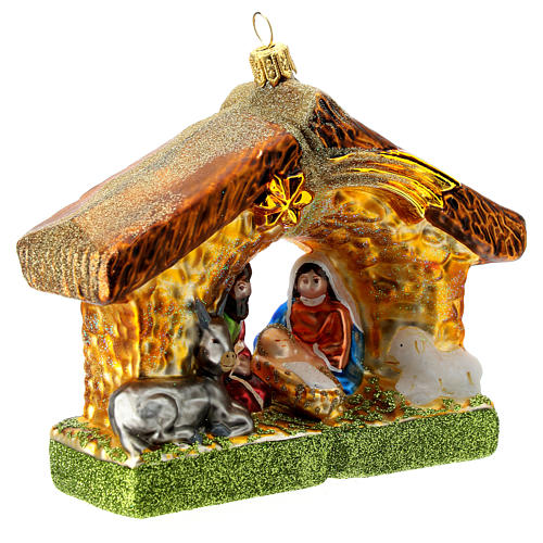 Heilige Familie in der Hütte, Weihnachtsbaumschmuck aus mundgeblasenem Glas 3