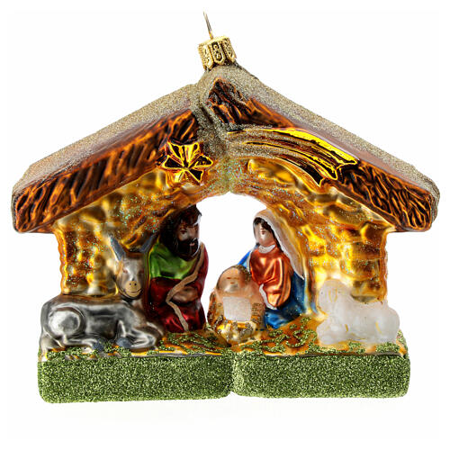 Heilige Familie in der Hütte, Weihnachtsbaumschmuck aus mundgeblasenem Glas 1