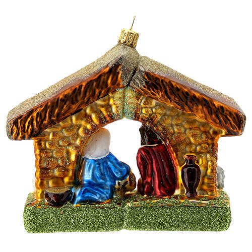 Holy Family and stable blown glass Christmas ornament 4