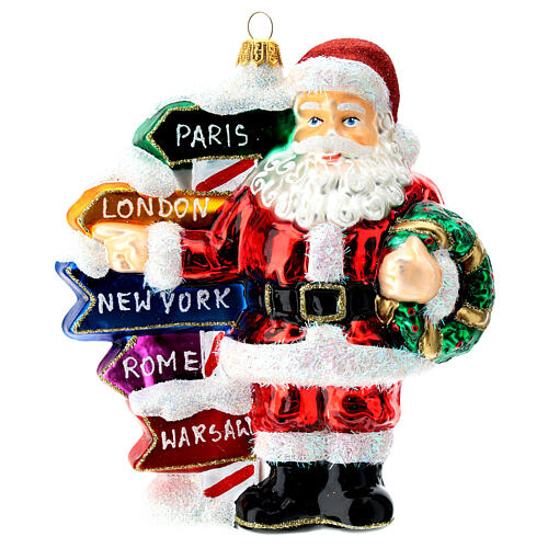 Santa with direction signs blown glass Christmas ornament 1