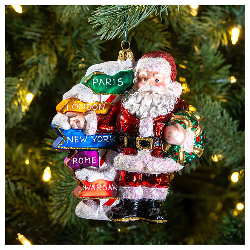 Santa with direction signs blown glass Christmas ornament 2