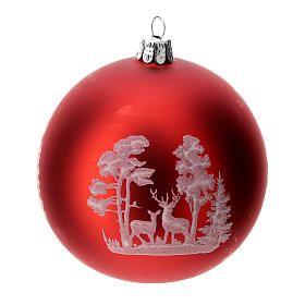 Boule sapin Noël verre soufflé rouge décoration cerfs 100 mm
