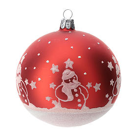 Boule sapin Noël verre soufflé rouge avec bonhommes de neige 100 mm
