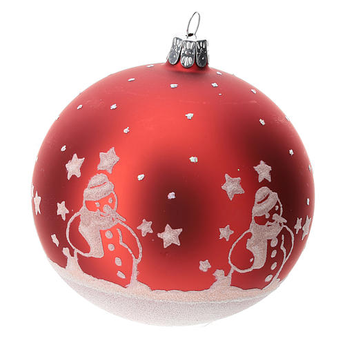 Bola para árvore de Natal vermelha vidro soprado com bonecos de neve 100 mm 2