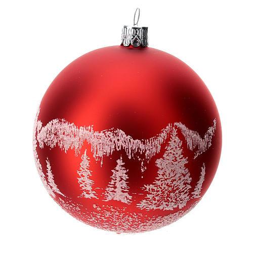 Red Christmas tree ball in blown glass: snowy landscape, 100 mm 2