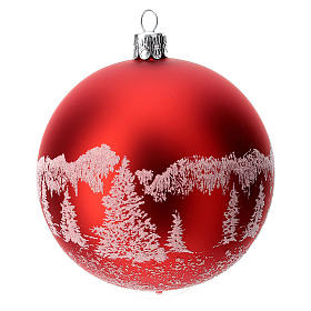 Red Christmas tree ball in blown glass with snowy landscape, 10 cm
