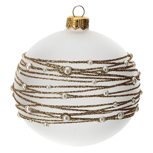 Palla albero Natale vetro soffiato opaca decoro ricamo dorato 100 mm 3