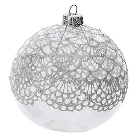 Boule sapin Noël verre soufflé transparent décoration broderie 100 mm