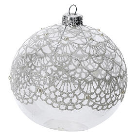 Clear Christmas ball ornament in blown glass with glittered decor, 100 mm