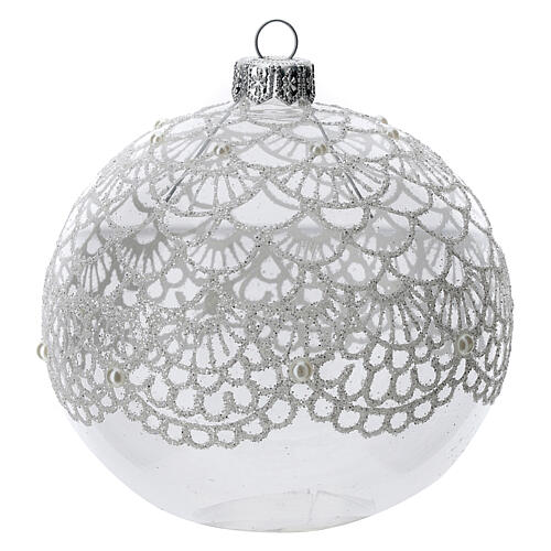Clear Christmas ball ornament in blown glass with glittered decor, 100 mm 1