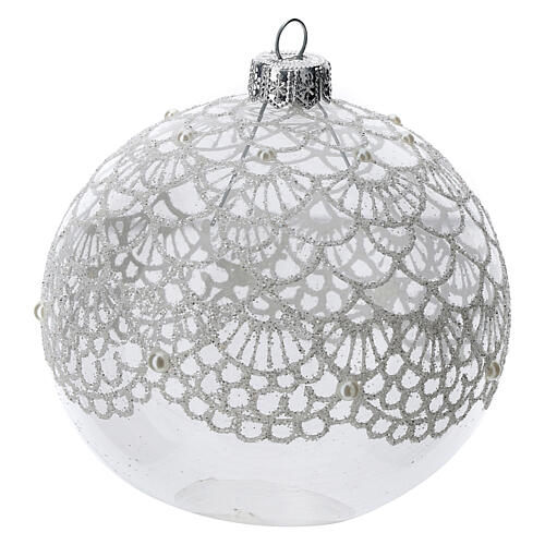 Clear Christmas ball ornament in blown glass with glittered decor, 100 mm 2