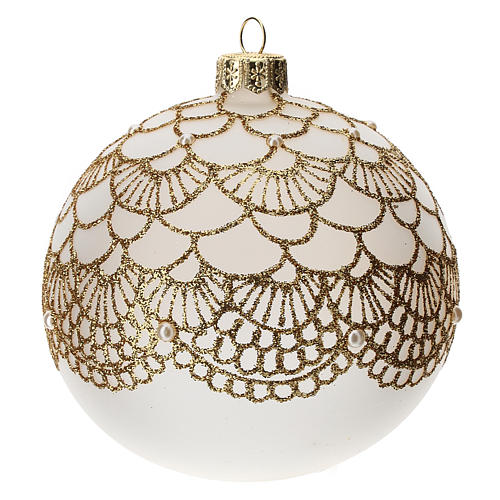 Bola para árvore de Natal vidro soprado opaco decoração elegante renda dourada 100 mm 2