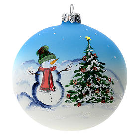 Boule sapin de Noël verre soufflé bleu décoration bonhomme de neige 100 mm