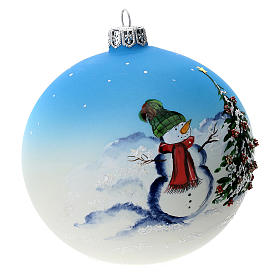 Boule sapin de Noël verre soufflé bleu décoration bonhomme de neige 100 mm