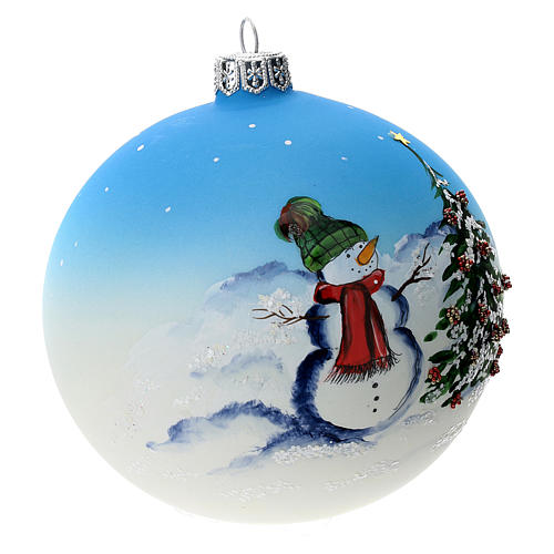 Boule sapin de Noël verre soufflé bleu décoration bonhomme de neige 100 mm 2