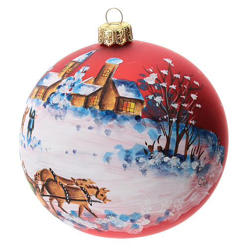 Boule sapin Noël verre soufflé rouge traîneau Père Noël 100 mm 2
