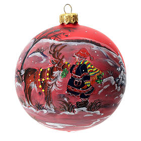 Christmas tree ball in blown glass: red Christmas decoration with Christmas reindeer, 100 mm