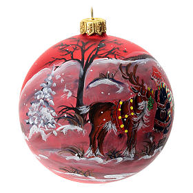 Christmas tree ball in blown glass: red Christmas decoration with Christmas reindeer, 100 mm