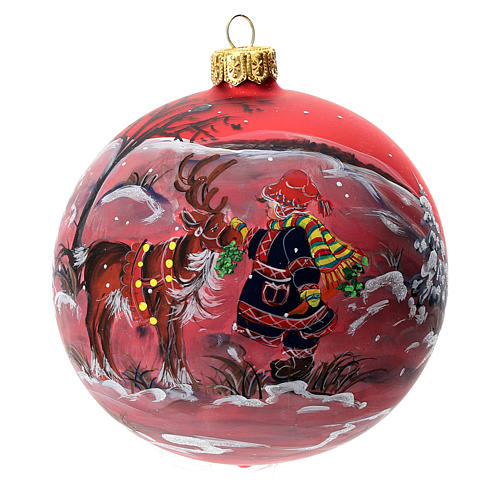 Christmas tree ball in blown glass: red Christmas decoration with Christmas reindeer, 100 mm 1