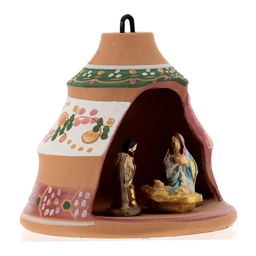 Christmas ball, pine-shaped shack with Nativity in painted Deruta terracotta 100 mm 4