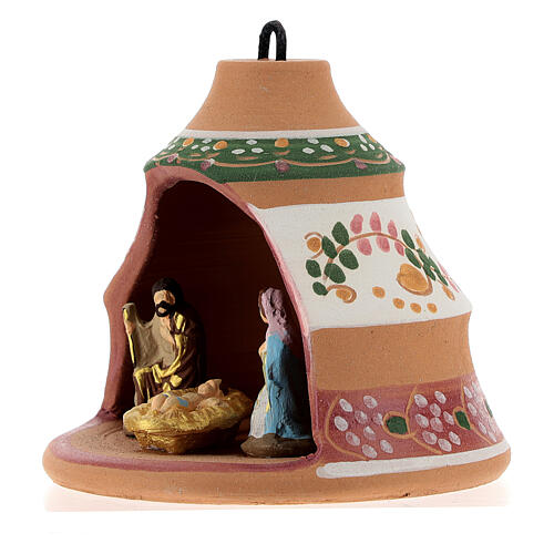 Bombka kształt sosny ze sceną narodzenia, ceramika malowana z Deruty, różowa, 100 mm 3