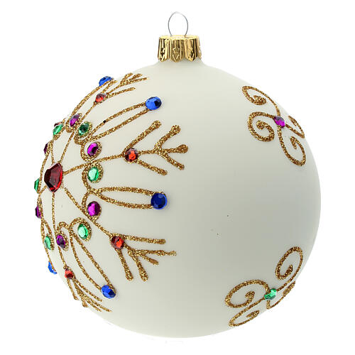 STOCK Blown glass Christmas ball, 100 mm, white with colourful decoration 2