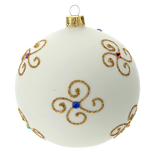 STOCK Blown glass Christmas ball, 100 mm, white with colourful decoration 3