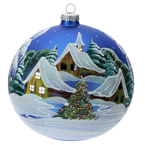 STOCK Bola de Natal vidro soprado 150 mm azul decoração paisagem nevada 1