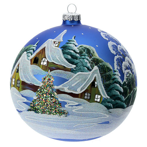STOCK Bola de Natal vidro soprado 150 mm azul decoração paisagem nevada 2